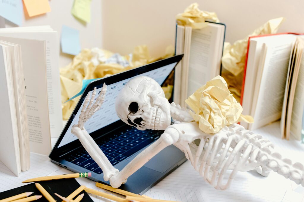 Skeleton at desk